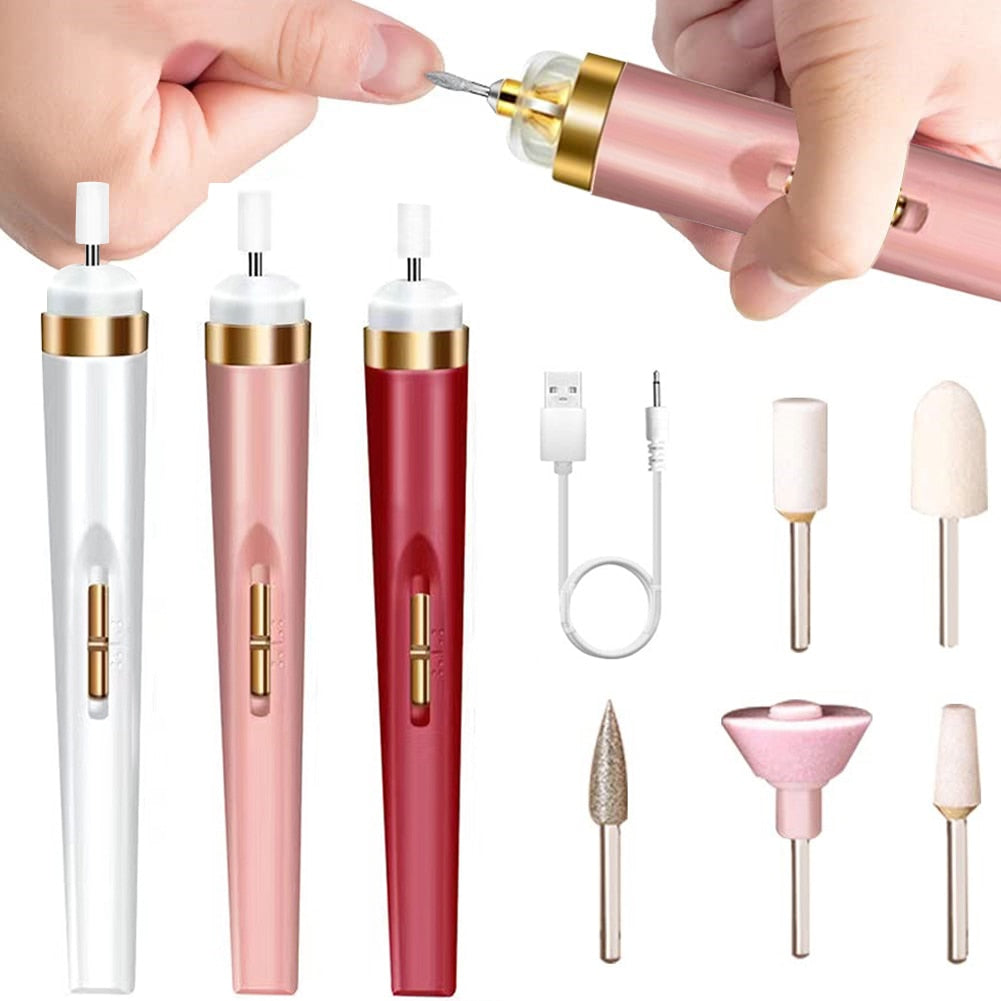 USB Professional Electric Pen-Shape Nail Grinder Machine with LED light and multiple attachments for nail care.