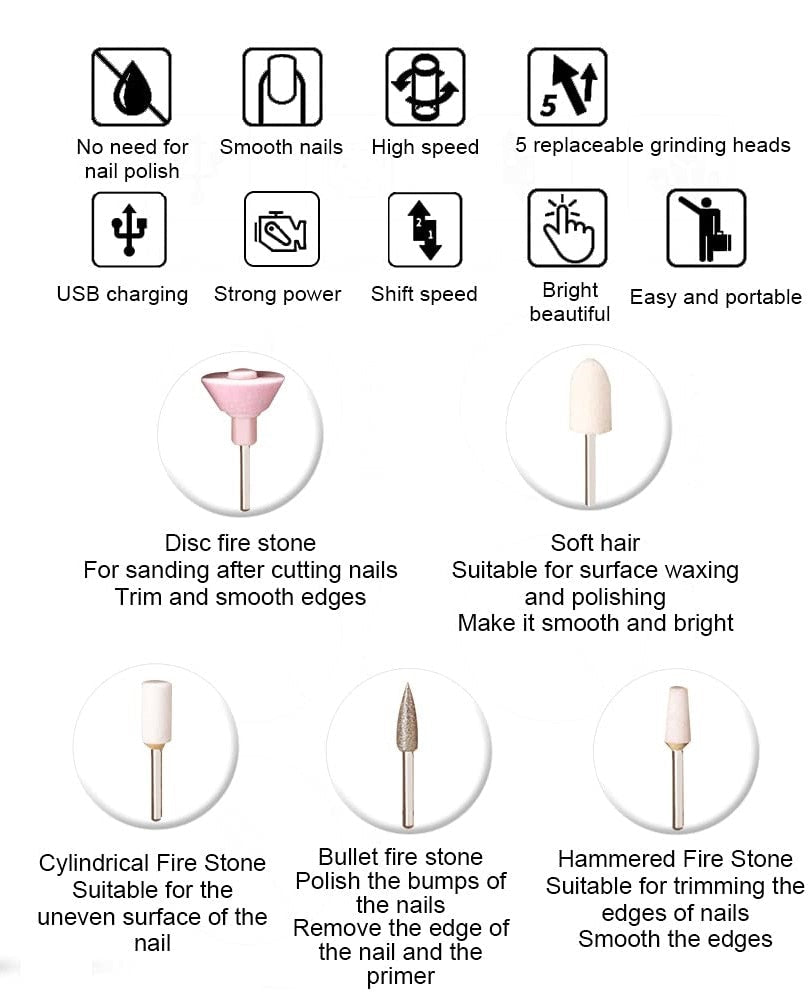 USB Professional Electric Pen-Shape Nail Grinder Machine with LED light and multiple attachments for nail care.