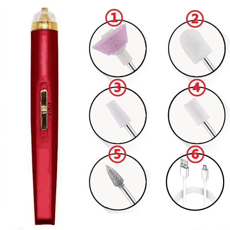 USB Professional Electric Pen-Shape Nail Grinder Machine with LED light and multiple attachments for nail care.