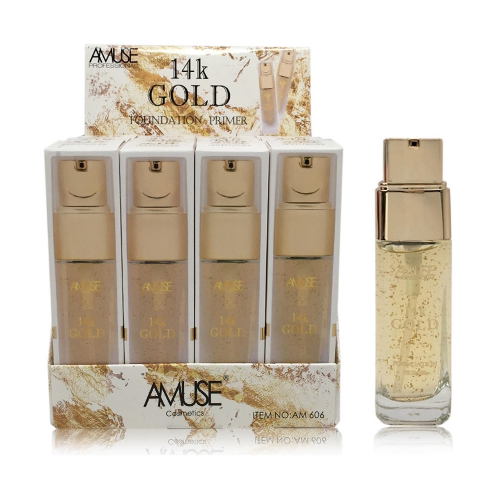 14K Gold Foundation Primer in a sleek packaging, showcasing its luxurious gel texture and gold flakes.