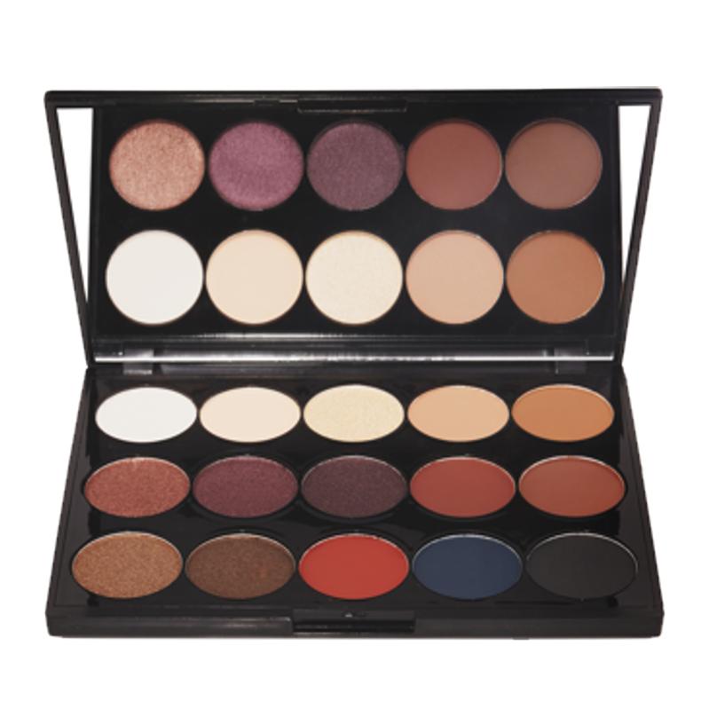 15 Shade Powdered Eyeshadow Palette featuring high pigment neutral colors in matte and sparkly finishes.