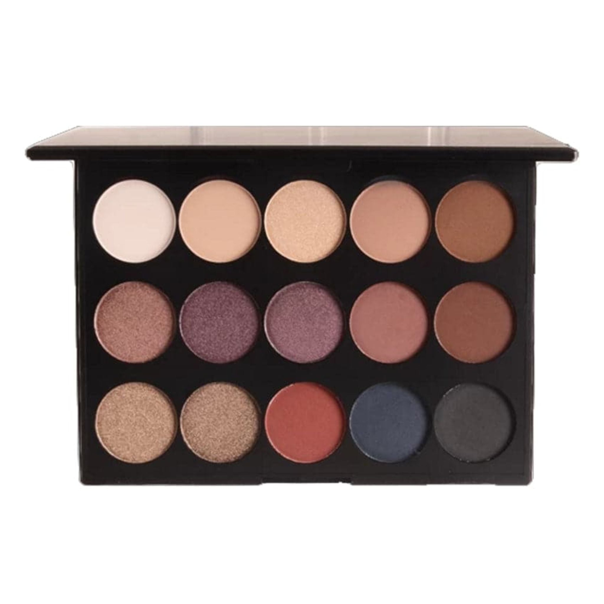 15 Shade Powdered Eyeshadow Palette featuring high pigment neutral colors in matte and sparkly finishes.