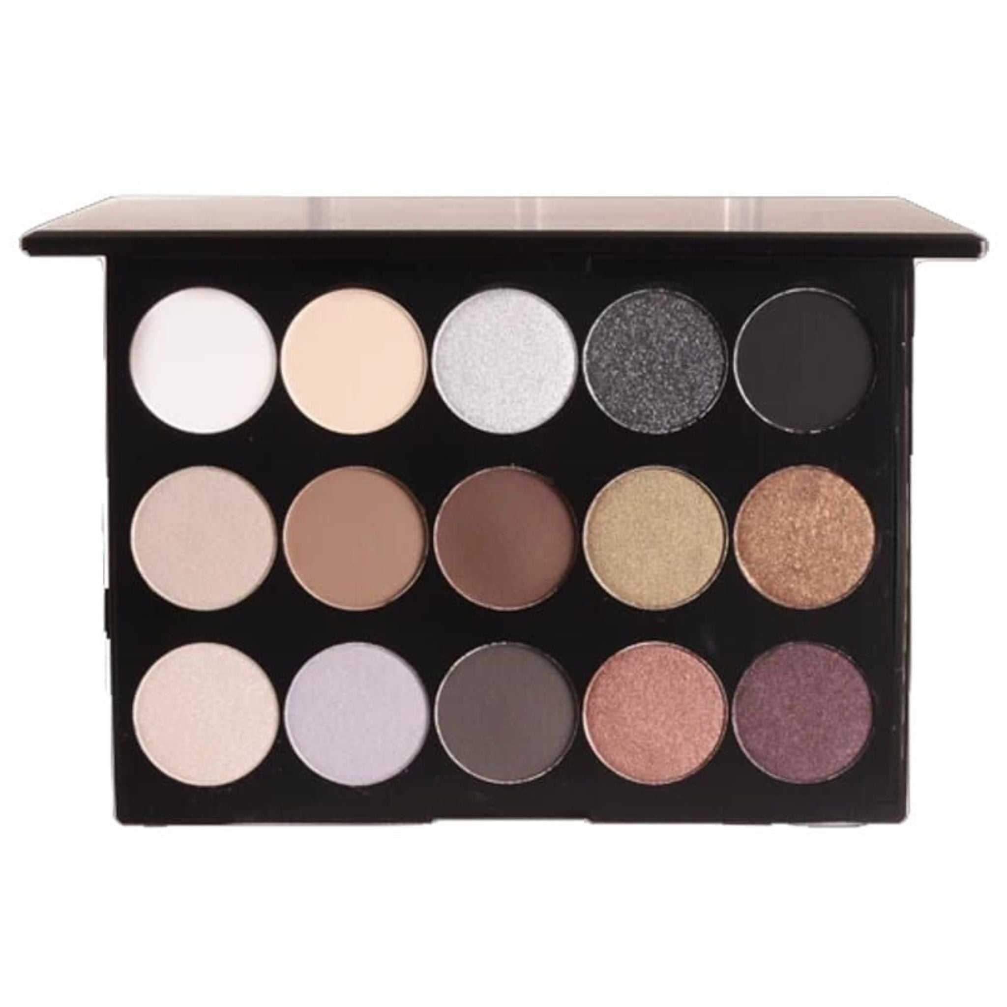 15 Shade Powdered Eyeshadow Palette featuring high pigment neutral colors in matte and sparkly finishes.