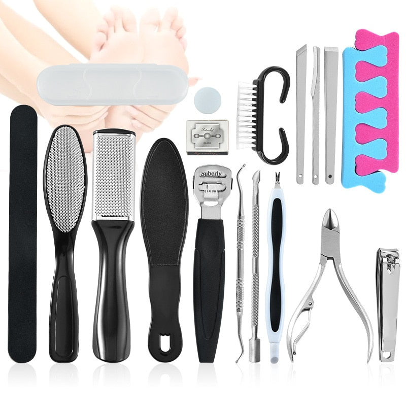 18 in 1 Professional Foot Care Kit featuring various stainless steel tools for pedicure and nail care.