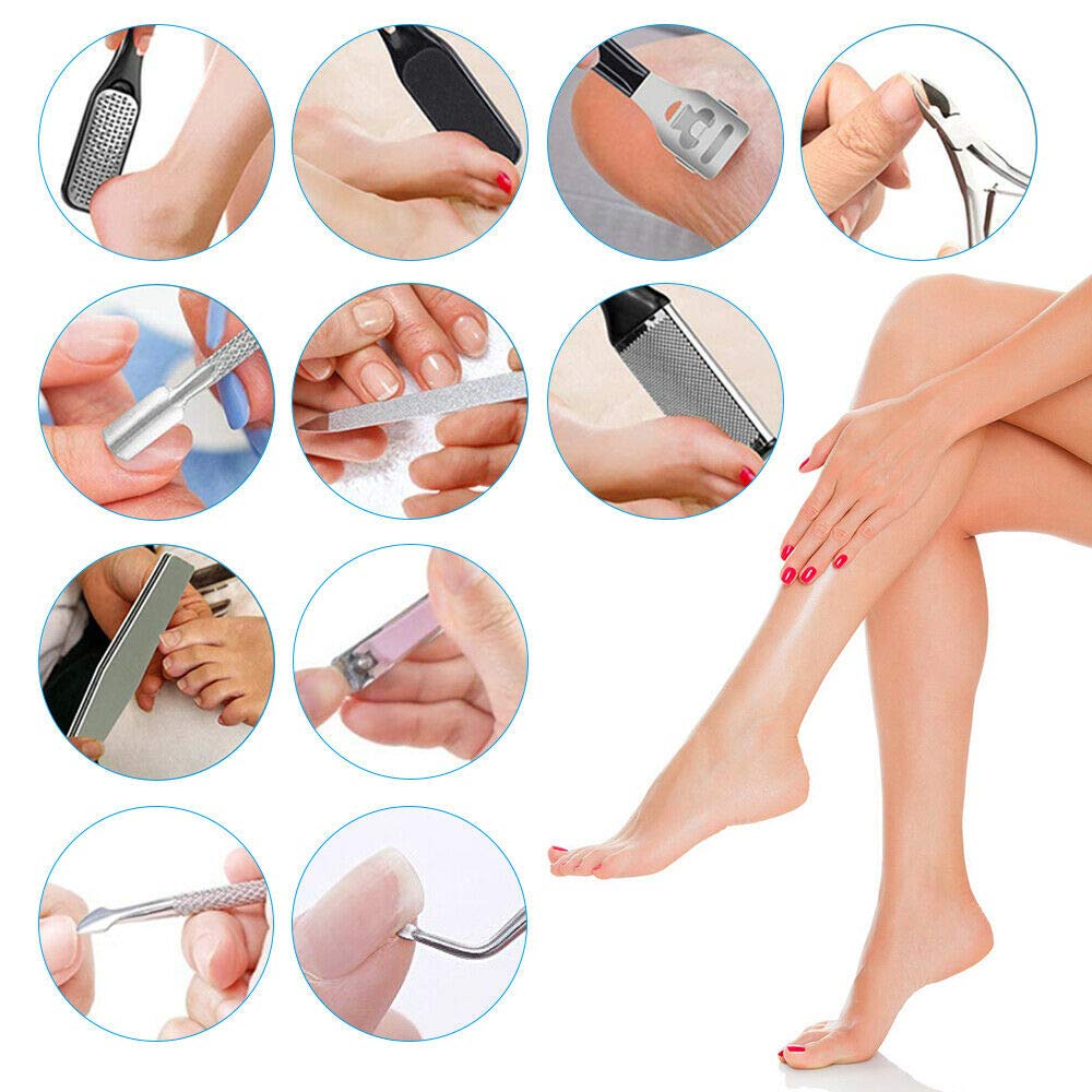 18 in 1 Professional Foot Care Kit featuring various stainless steel tools for pedicure and nail care.