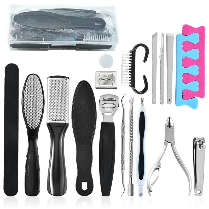 18 in 1 Professional Foot Care Kit featuring various stainless steel tools for pedicure and nail care.