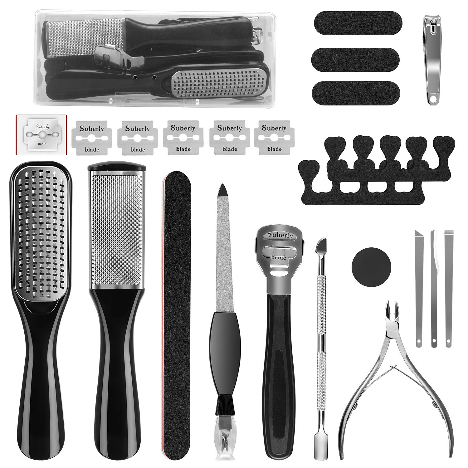 18 in 1 Professional Pedicure Tools Set displayed in a storage case, showcasing various tools for foot care including clippers, files, and removers.