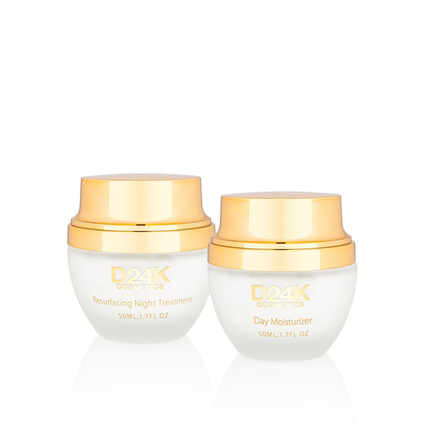 24K Day to Night cream jar with SPF Day Cream and Resurfacing Night Treatment, showcasing luxurious packaging and golden accents.