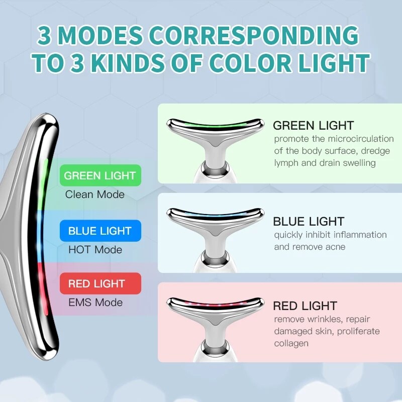 3 Colors LED Facial Neck Massager in a sleek design, showcasing its features and colors for skin tightening and rejuvenation.