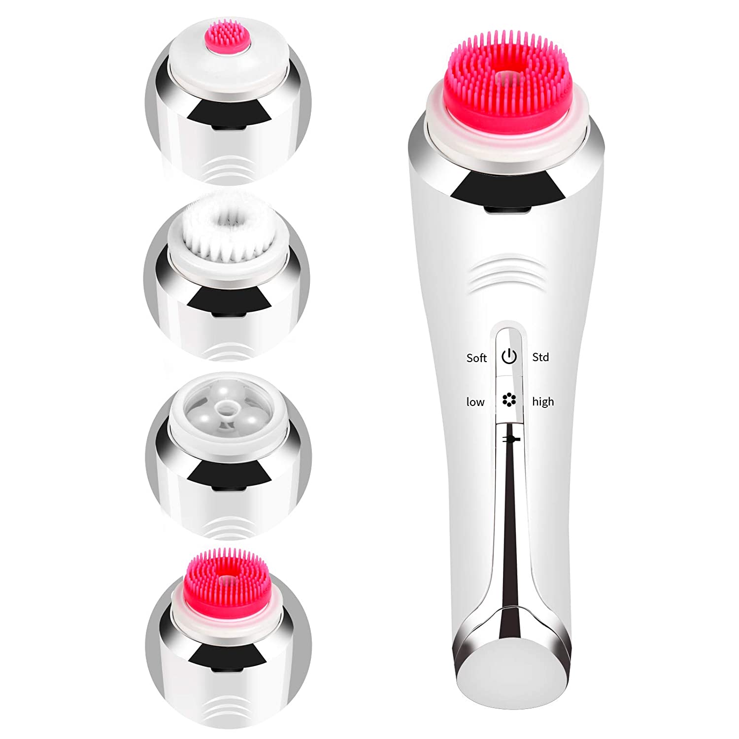 4 in 1 Electric Cleaner Automatic Rotation Facial Cleansing Brush with three interchangeable brush heads and USB charging cable.