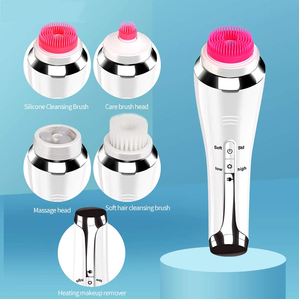 4 in 1 Electric Cleaner Automatic Rotation Facial Cleansing Brush with three interchangeable brush heads and USB charging cable.