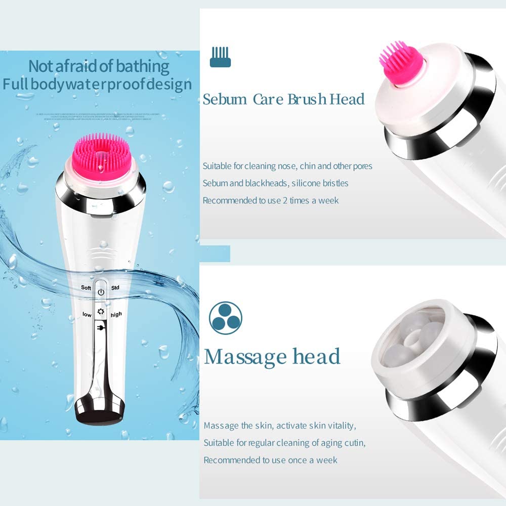 4 in 1 Electric Cleaner Automatic Rotation Facial Cleansing Brush with three interchangeable brush heads and USB charging cable.