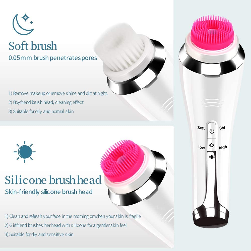 4 in 1 Electric Cleaner Automatic Rotation Facial Cleansing Brush with three interchangeable brush heads and USB charging cable.