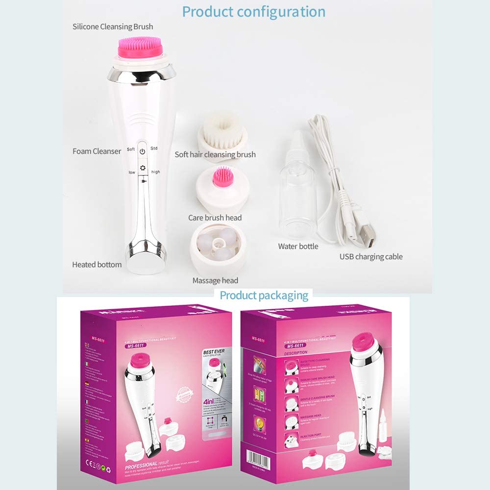 4 in 1 Electric Cleaner Automatic Rotation Facial Cleansing Brush with three interchangeable brush heads and USB charging cable.