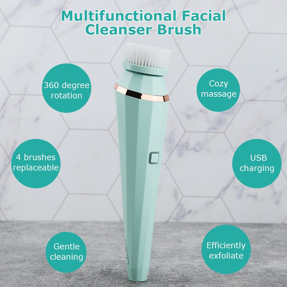 4 in 1 Electric Facial Cleanser in white and light green with multiple brush heads and a compact design.