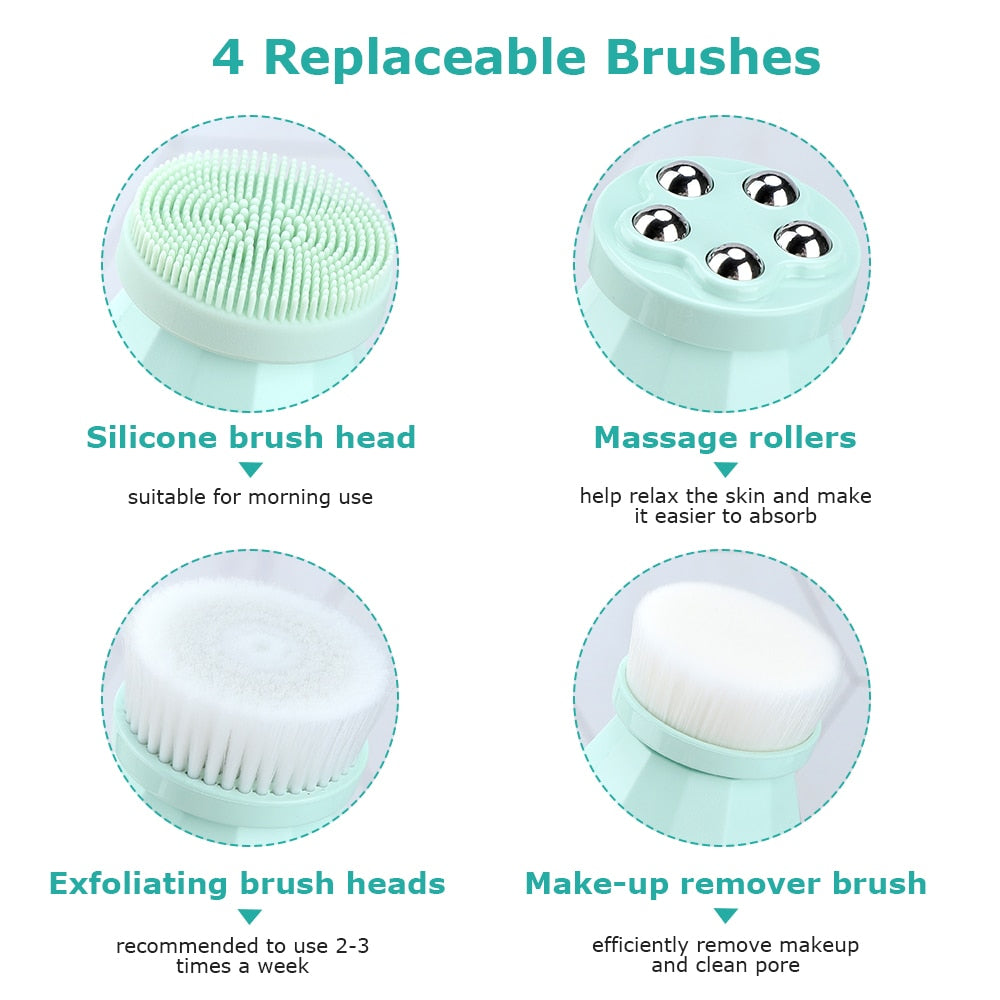 4 in 1 Electric Facial Cleanser in white and light green with multiple brush heads and a compact design.