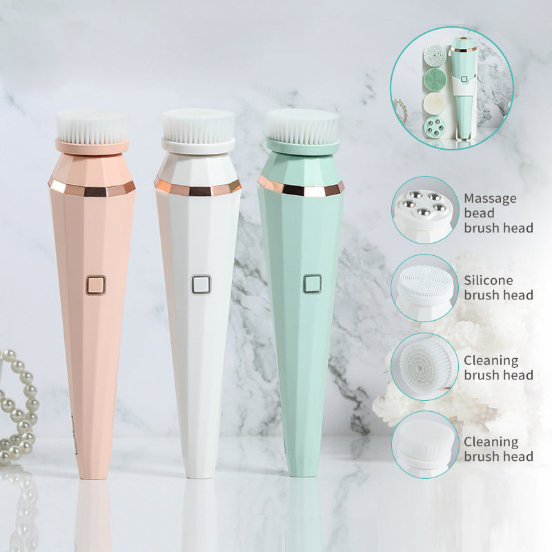 4 In 1 USB Rechargeable Electric Facial Cleansing Brush with four brush heads and charging cable, available in green, pink, and white.