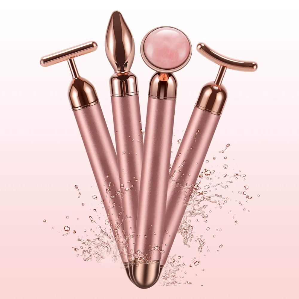 4 in 1 Vibrating Rose Quartz Roller with multiple attachments for facial massage and skincare, featuring a pink jade design.