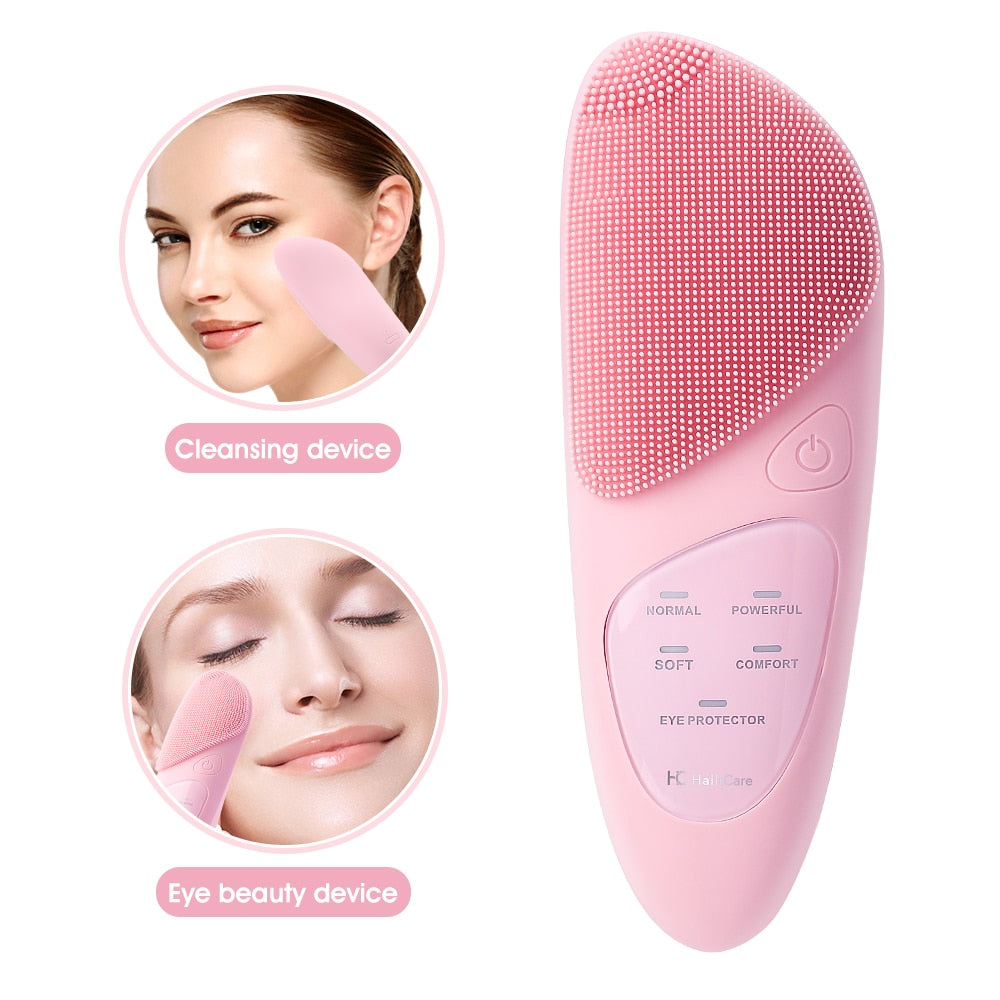 5 In 1 Face Massager Silicone Facial Cleanser Face Brush in pink, showcasing its ergonomic design and silicone brush head.