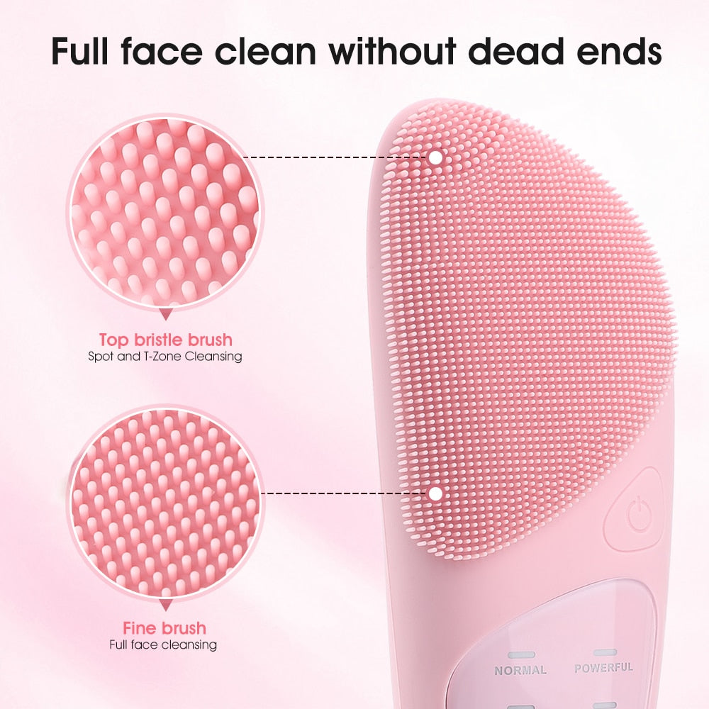 5 In 1 Face Massager Silicone Facial Cleanser Face Brush in pink, showcasing its ergonomic design and silicone brush head.