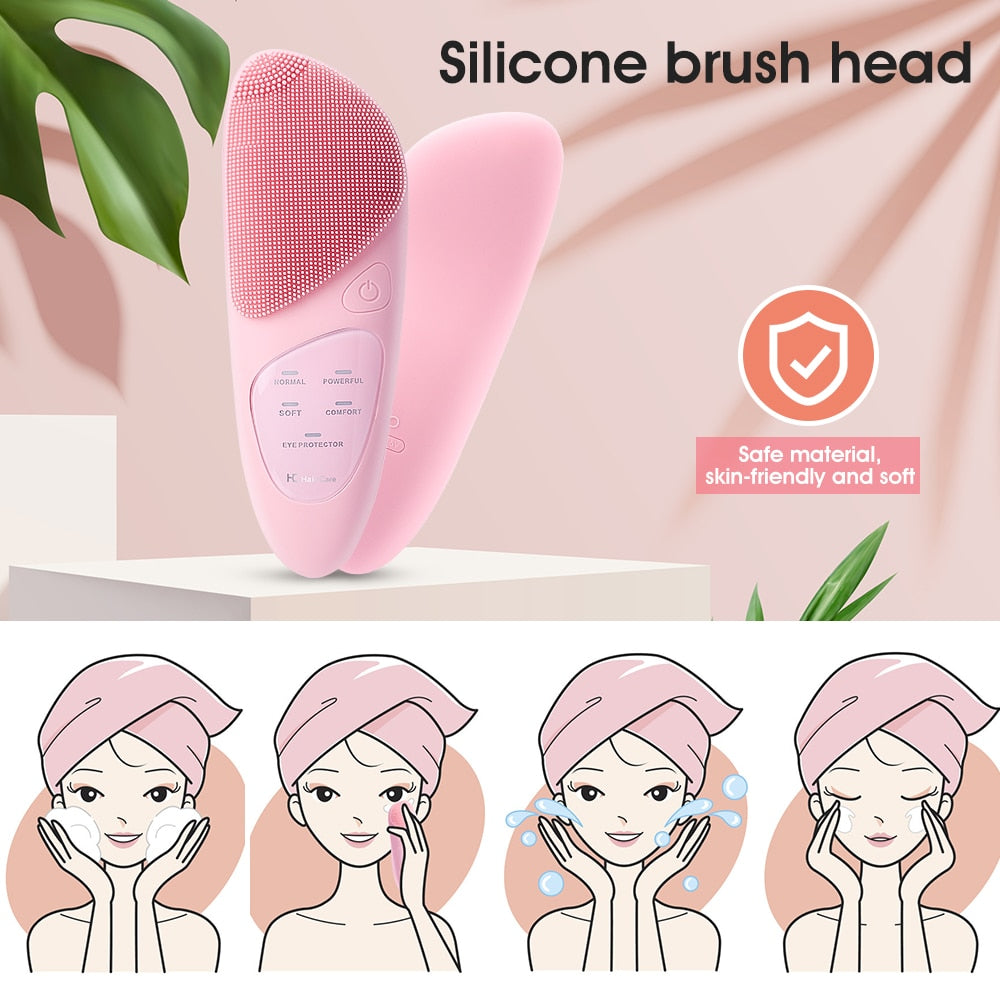 5 In 1 Face Massager Silicone Facial Cleanser Face Brush in pink, showcasing its ergonomic design and silicone brush head.