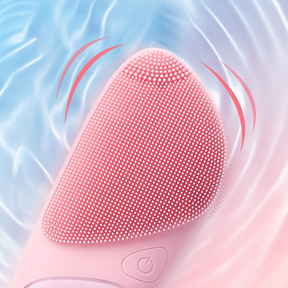 5 In 1 Face Massager Silicone Facial Cleanser Face Brush in pink, showcasing its ergonomic design and silicone brush head.