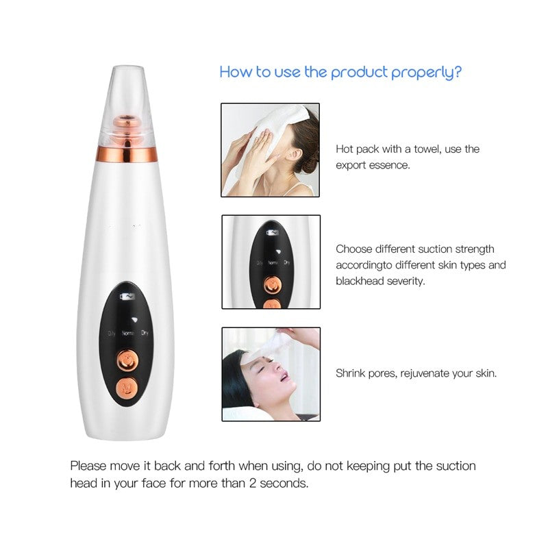 6 In 1 Electric Facial Blackhead Remover with multiple tips and USB charging cable, designed for deep pore cleaning and skincare.