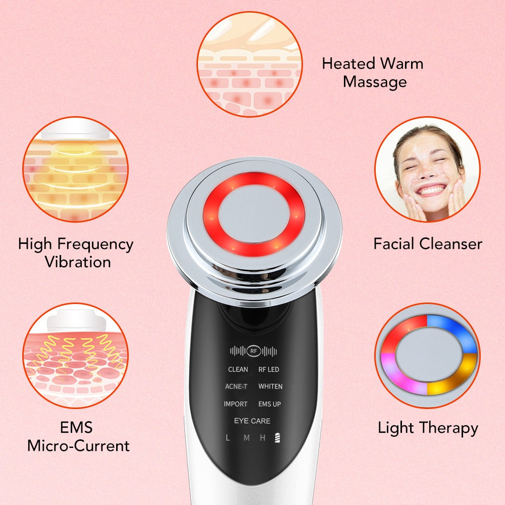 7 in 1 EMS Facial Lifting Device in pearl white color, showcasing its sleek design and multiple functionalities for skin rejuvenation.