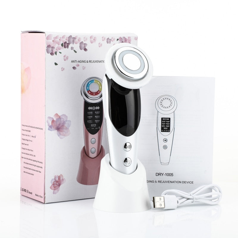 7 in 1 EMS Facial Lifting Device in pearl white color, showcasing its sleek design and multiple functionalities for skin rejuvenation.