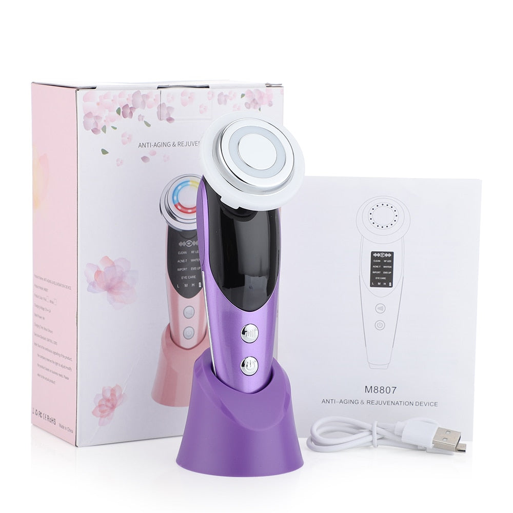 7 in 1 EMS Facial Lifting Device in pearl white color, showcasing its sleek design and multiple functionalities for skin rejuvenation.