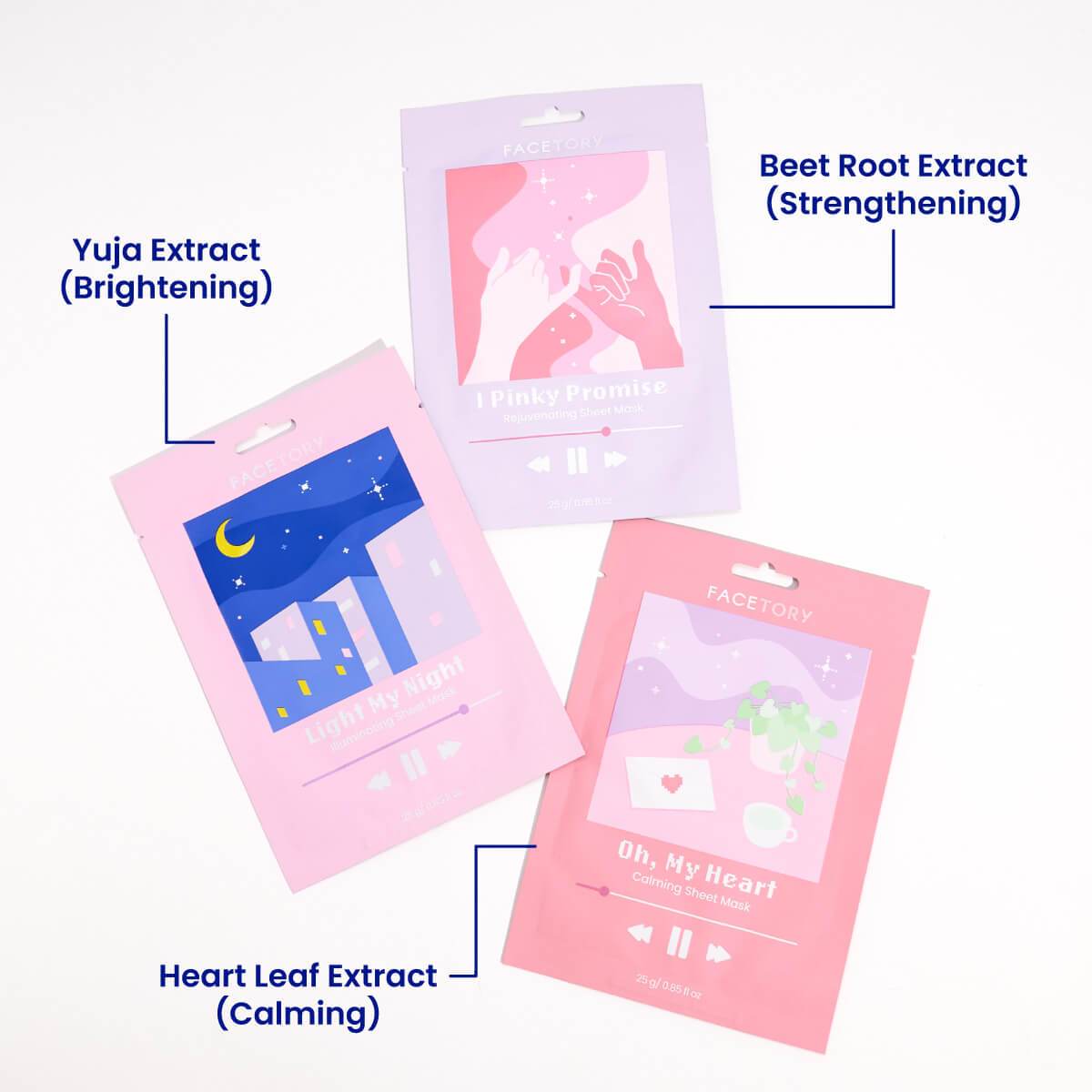 A pack of Acne Sheet Masks featuring soothing ingredients for acne-prone skin, designed for relaxation and skincare.