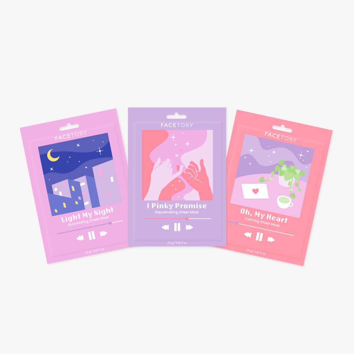 A pack of Acne Sheet Masks featuring soothing ingredients for acne-prone skin, designed for relaxation and skincare.