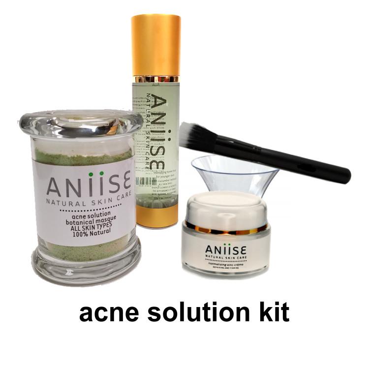 Acne Solution Kit for Face including mask, cream, and toner for clear skin.