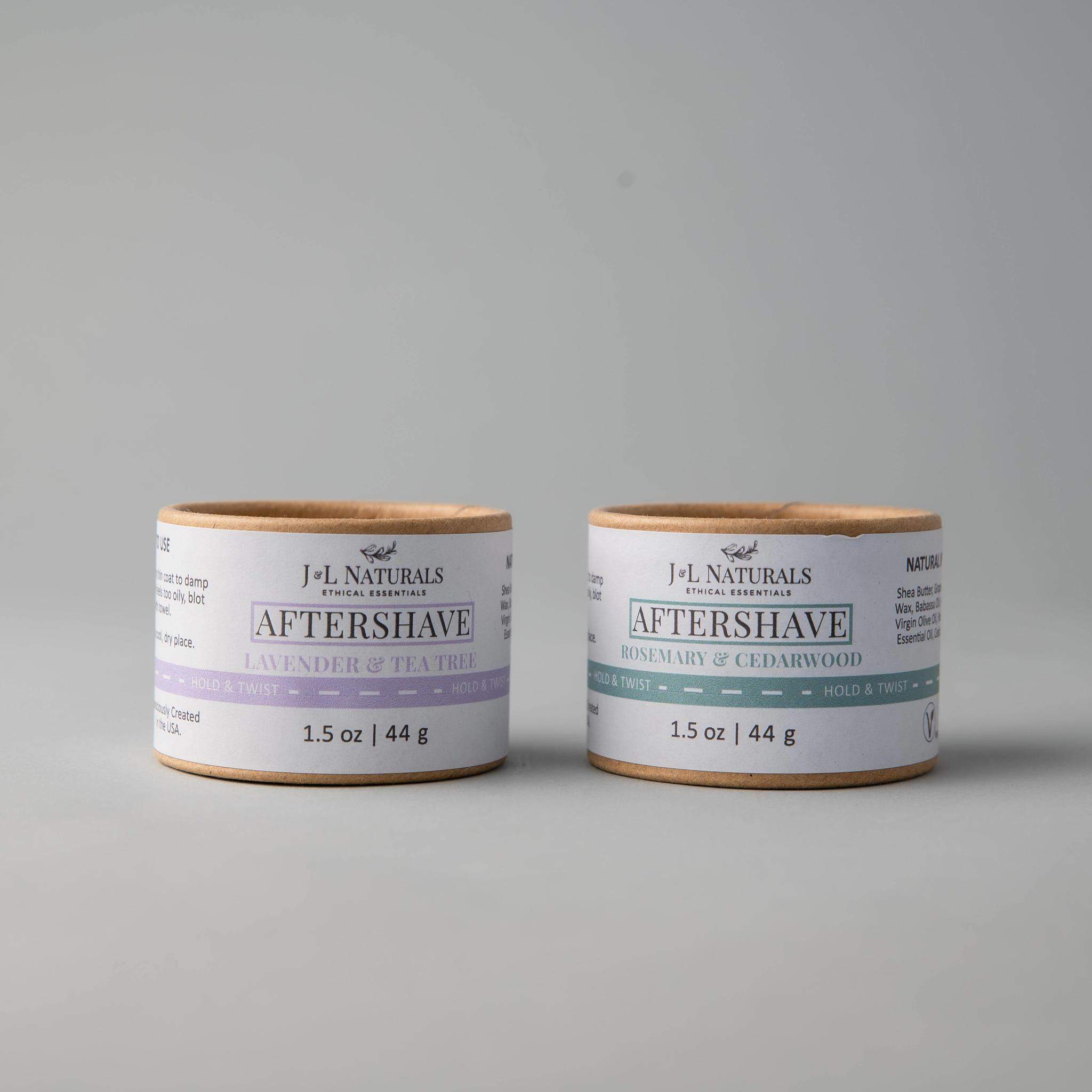 Two jars of Aftershave Rub Duo in various scents, showcasing their balmy texture and packaging.