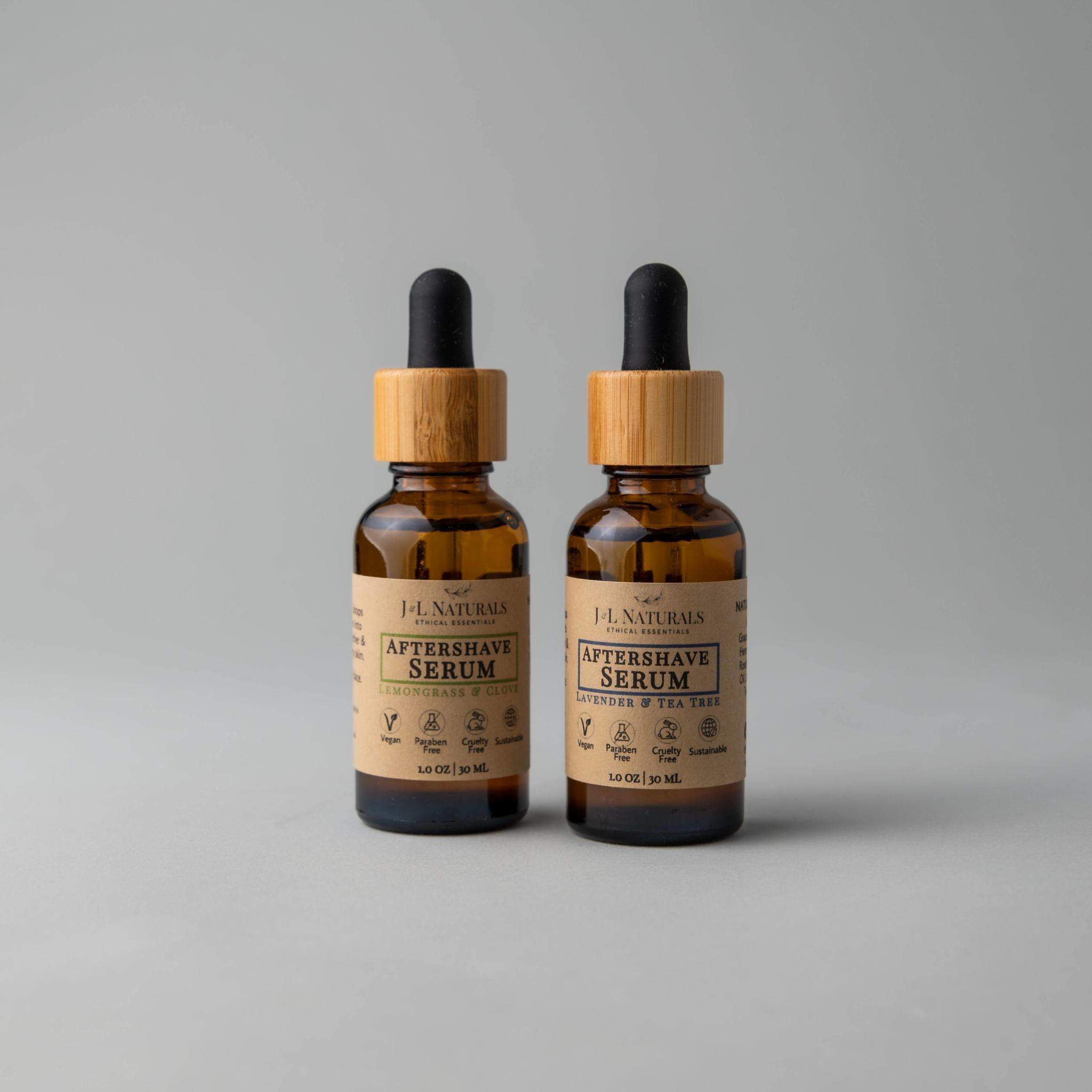 Aftershave Serum Duo featuring two 1.0 fl oz bottles in various scents, designed to soothe razor burn and nourish skin.