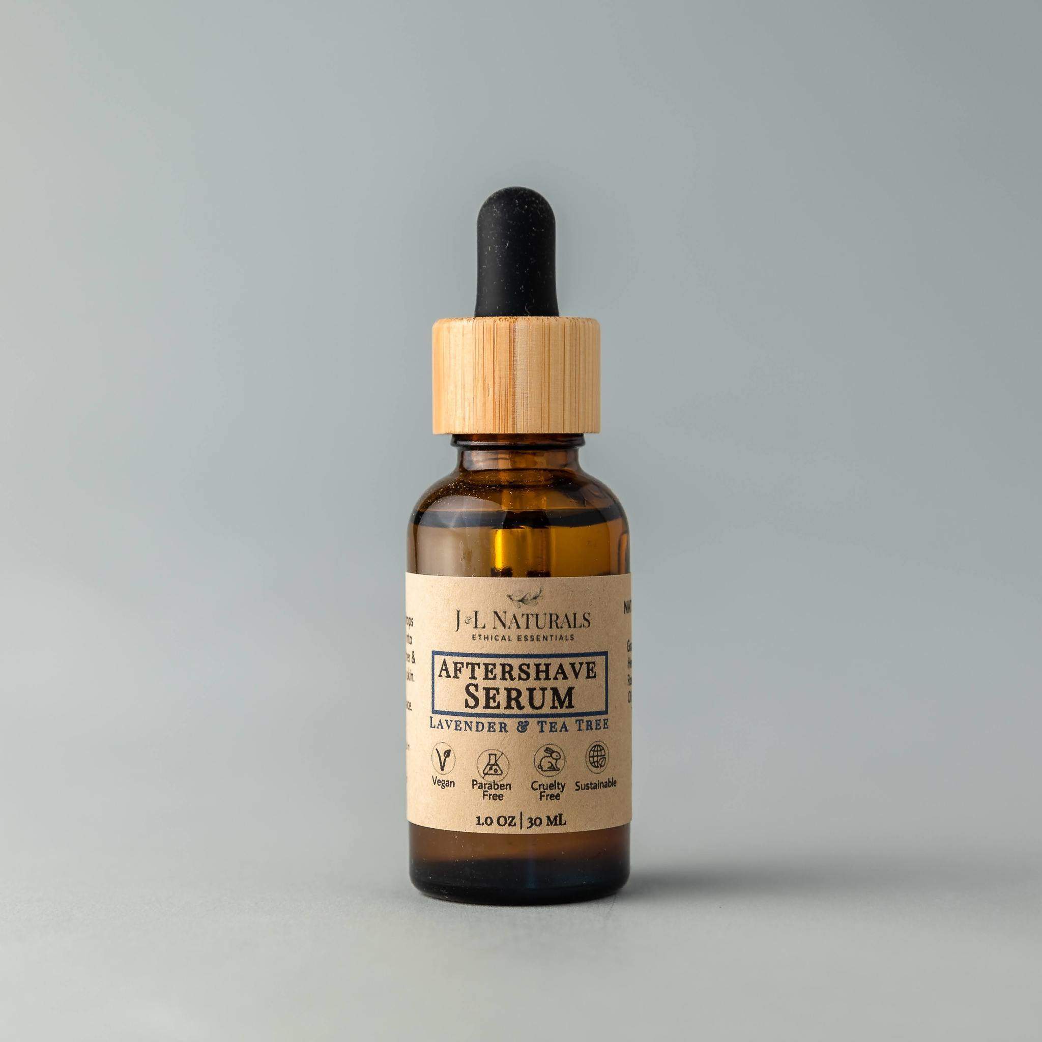 Bottle of Aftershave Serum with a calming blend of nourishing oils, available in various scents.