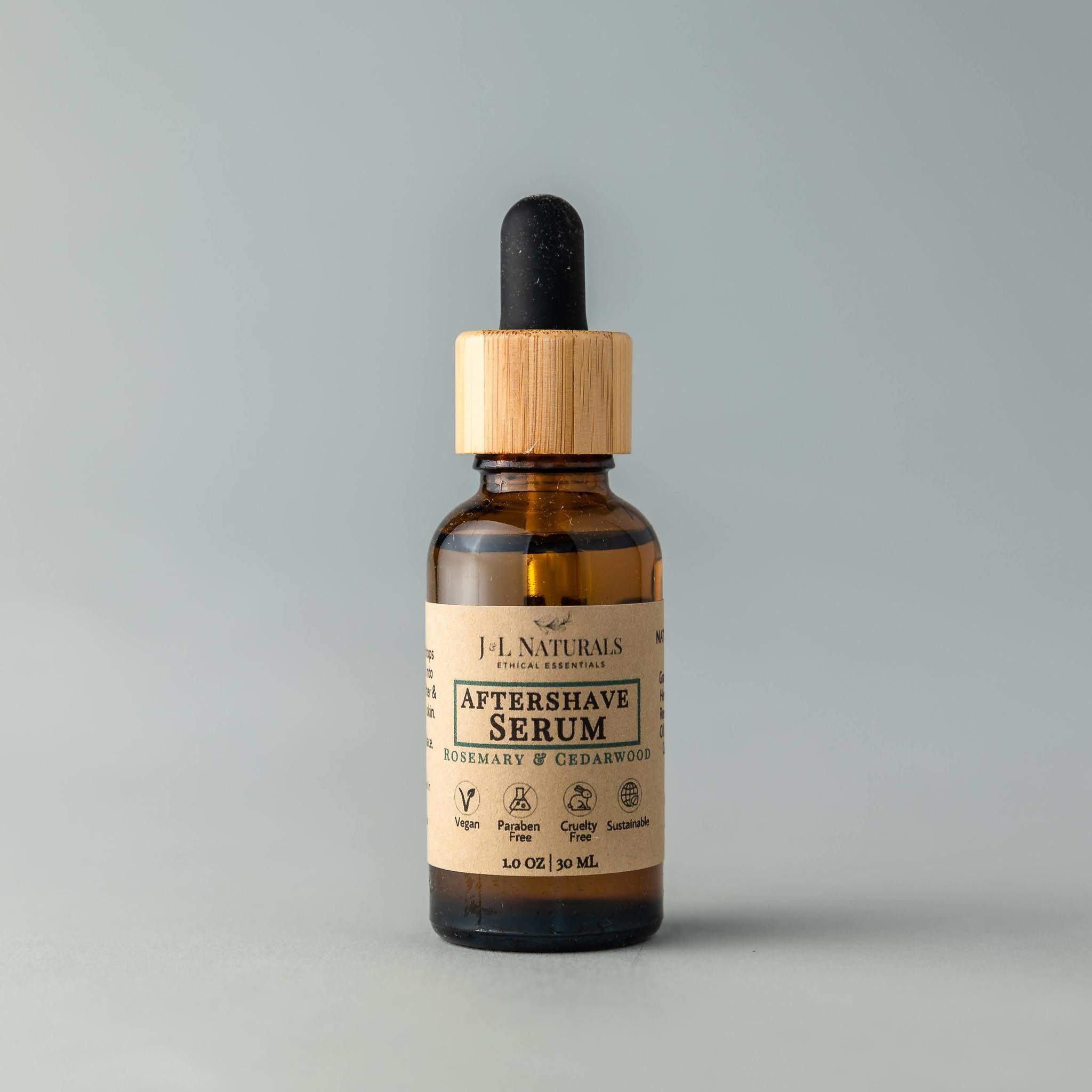 Bottle of Aftershave Serum with a calming blend of nourishing oils, available in various scents.