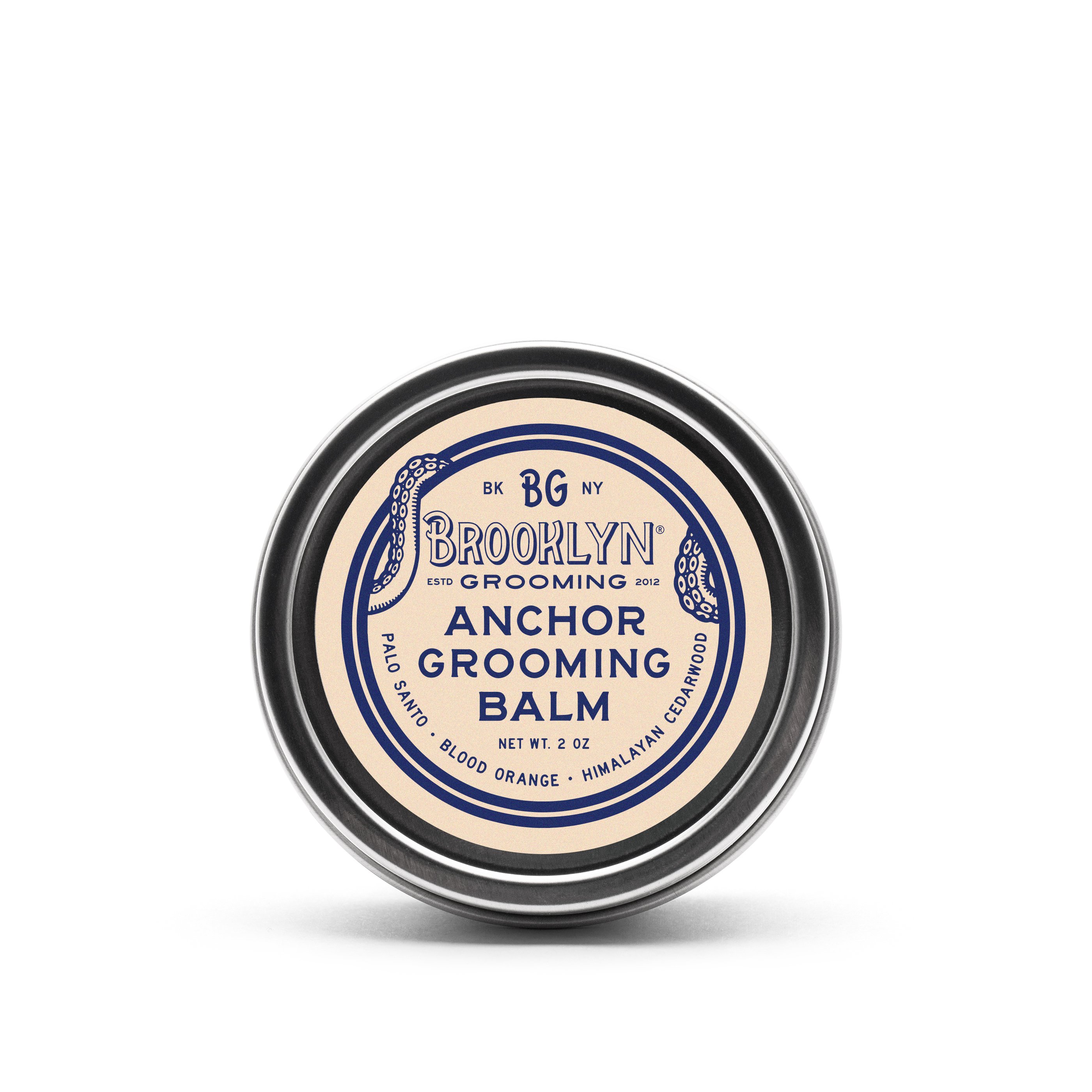 Anchor Grooming Balm in a seamless aluminum tin, showcasing its natural ingredients and unique scent profile.