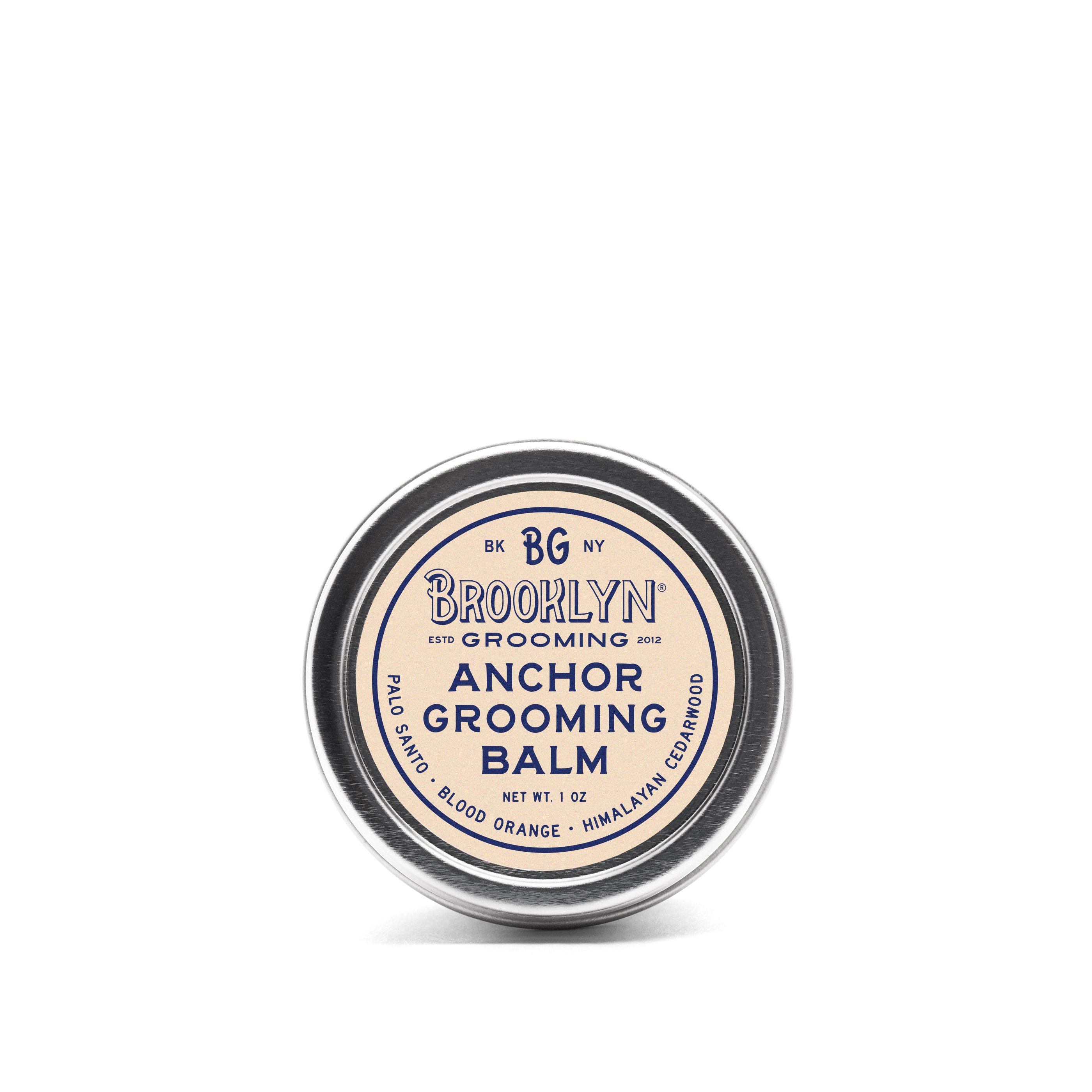 Anchor Grooming Balm in a seamless aluminum tin, showcasing its natural ingredients and unique scent profile.