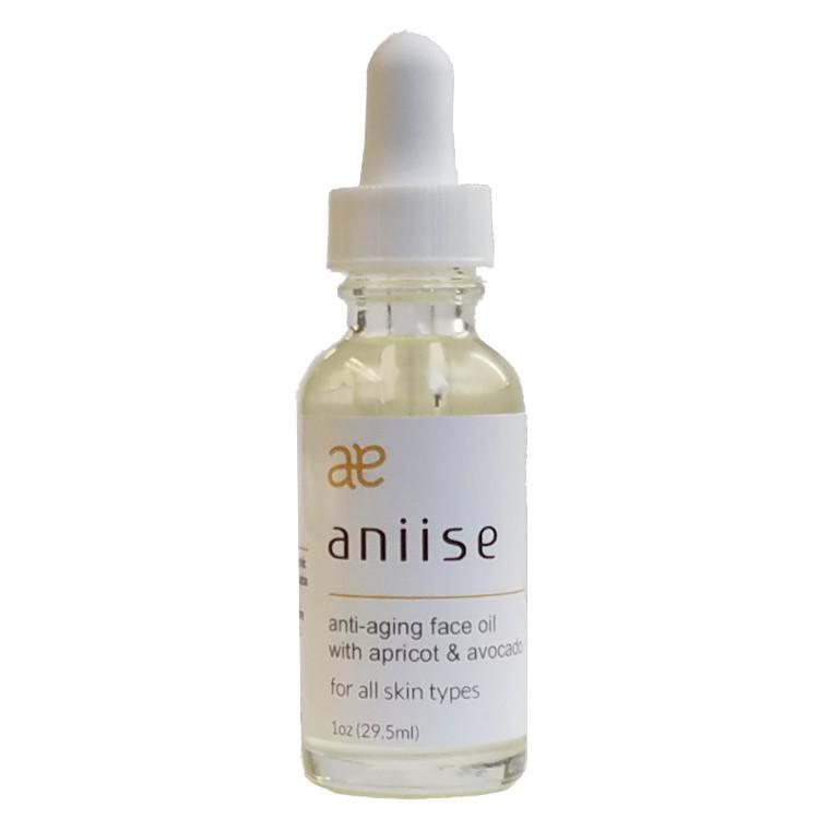 Aniise Anti-Aging Face Oil bottle with a dropper, showcasing its luxurious blend of natural oils for youthful skin.