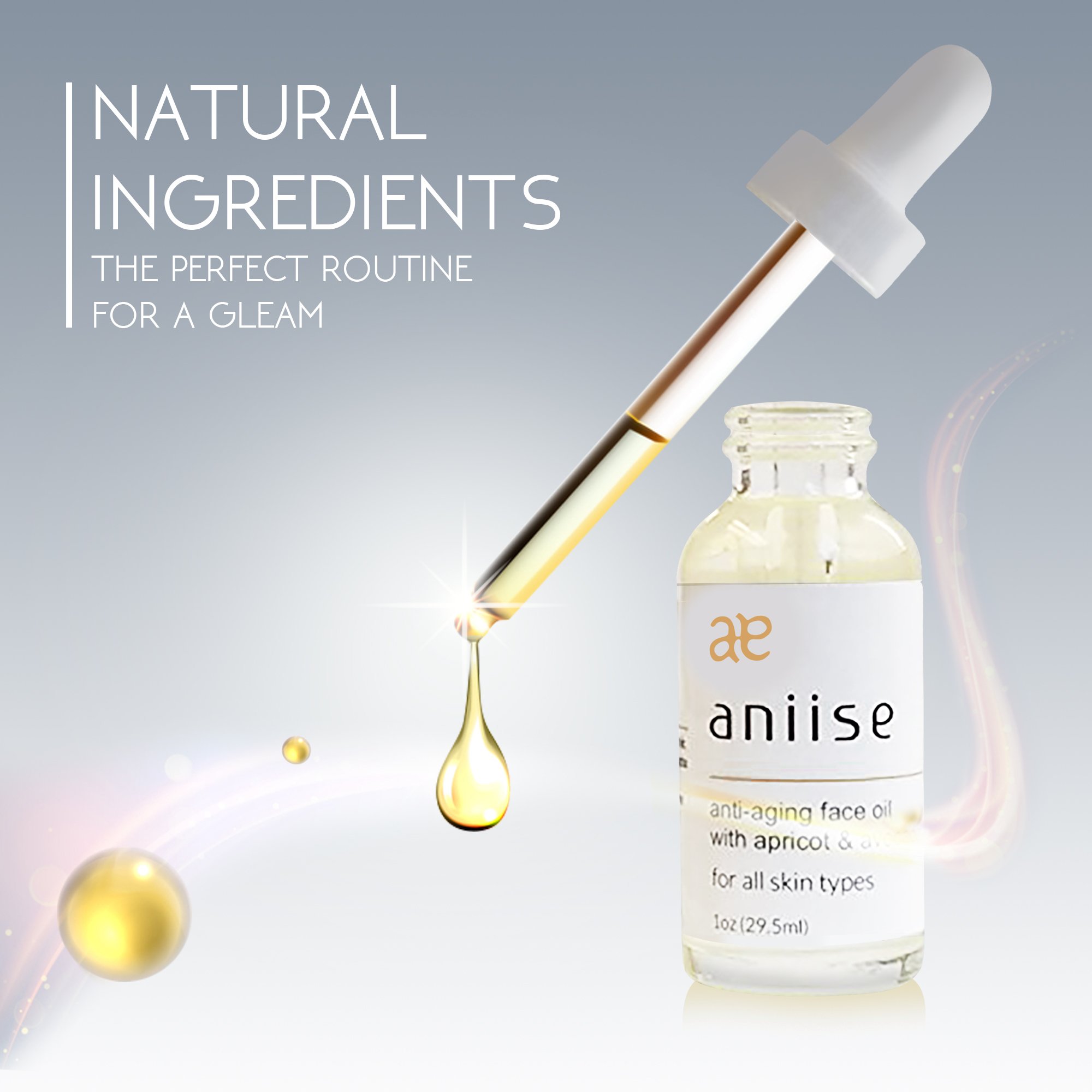 Aniise Anti-Aging Face Oil bottle with a dropper, showcasing its luxurious blend of natural oils for youthful skin.