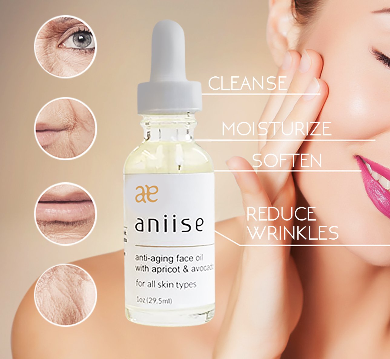 Aniise Anti-Aging Face Oil bottle with a dropper, showcasing its luxurious blend of natural oils for youthful skin.