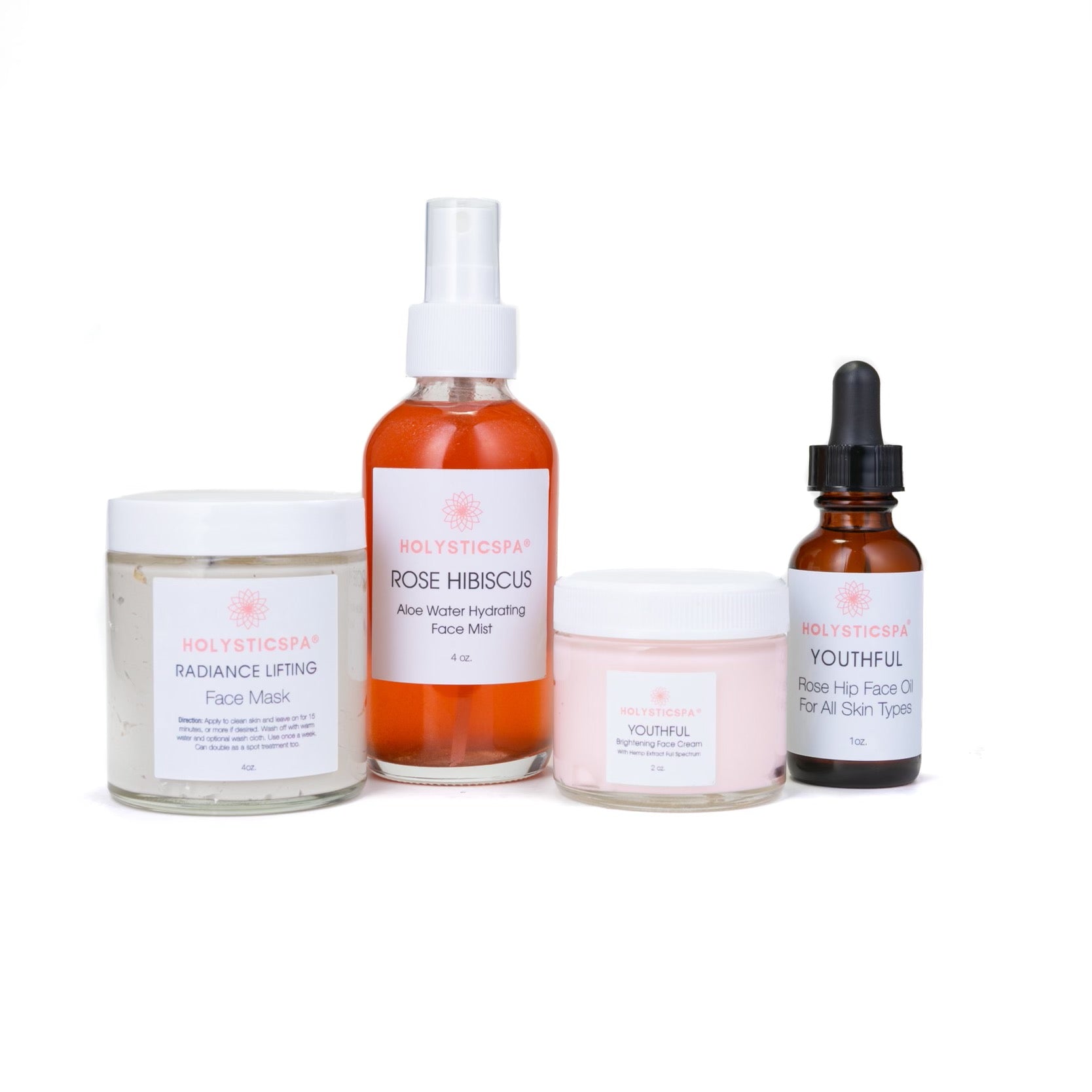 Anti-aging skincare bundle featuring face mask, face oil, face mist, and face cream for youthful skin.