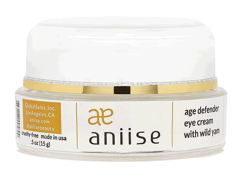 Aniise Anti-Wrinkle Wild Yam Eye Cream in a sleek jar, showcasing its rich texture and natural ingredients.