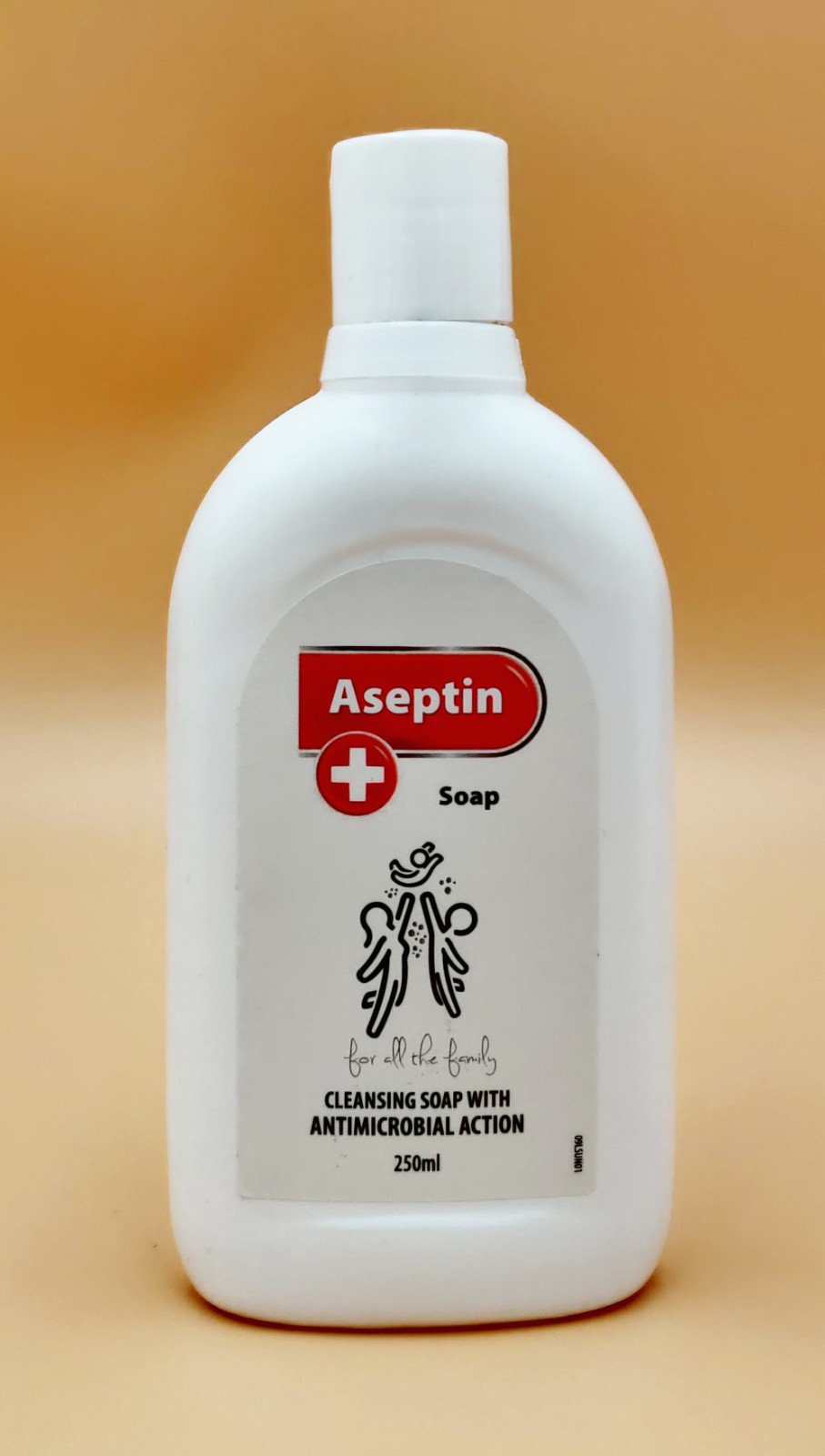 Aseptin Antiseptic Wash bottle with a colorless liquid, designed for effective cleansing against bacteria, fungi, and viruses.