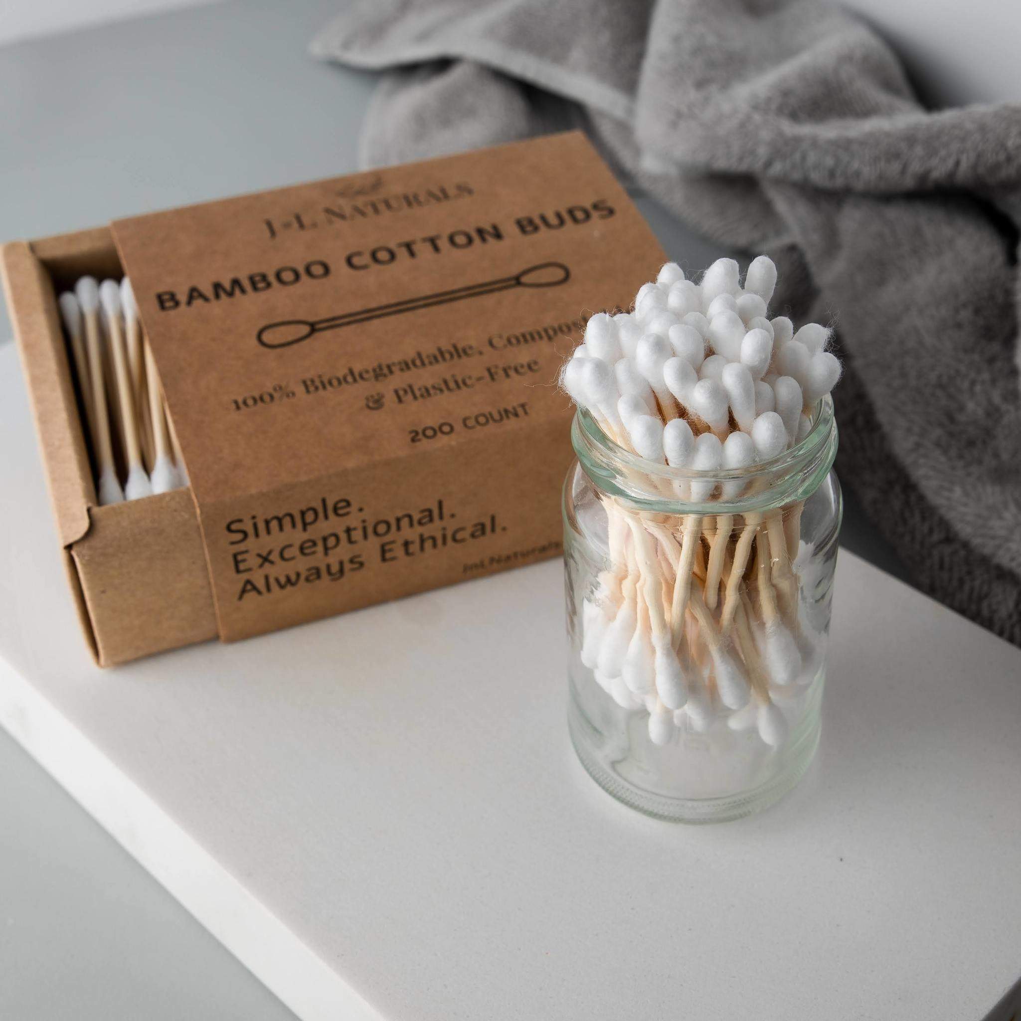 A pack of 200 Bamboo Cotton Buds with biodegradable bamboo sticks and soft cotton tips, ideal for eco-friendly personal care.