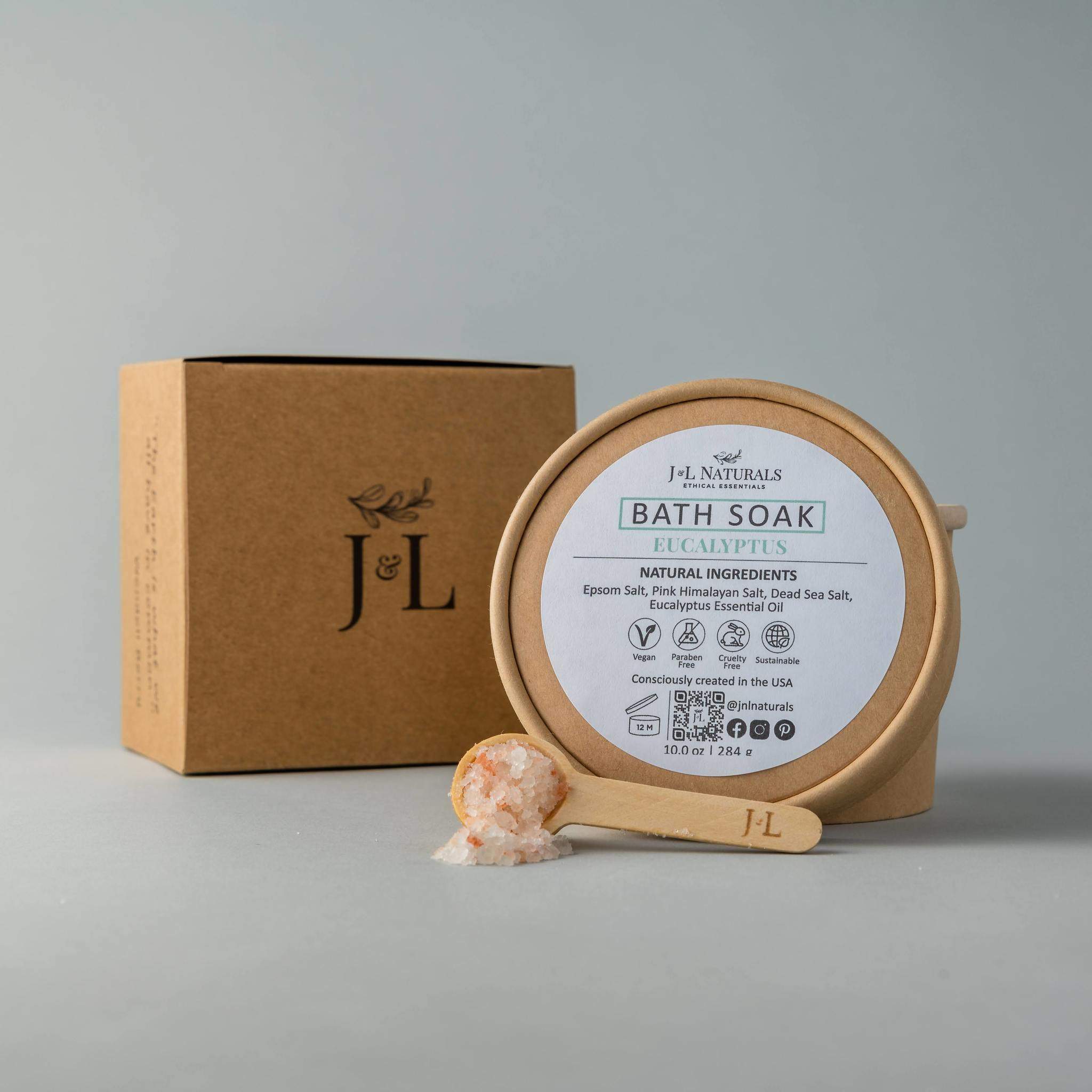 A soothing bath soak with mineral-rich salts and essential oils in a stylish container, perfect for relaxation.