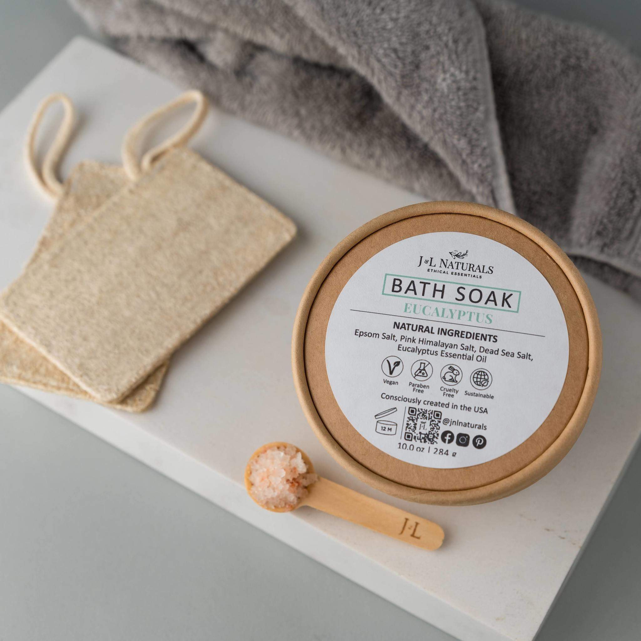 A soothing bath soak with mineral-rich salts and essential oils in a stylish container, perfect for relaxation.