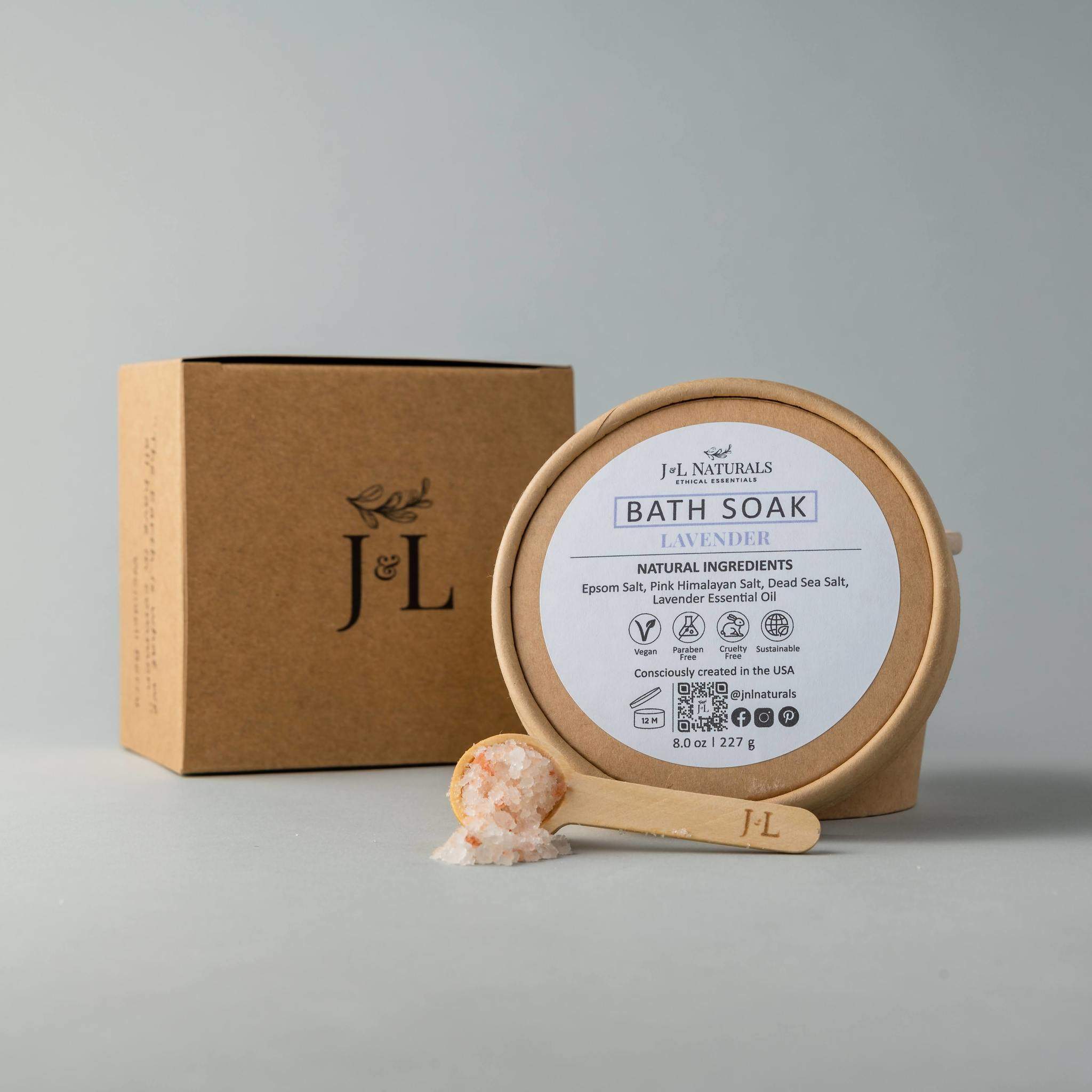 A soothing bath soak with mineral-rich salts and essential oils in a stylish container, perfect for relaxation.