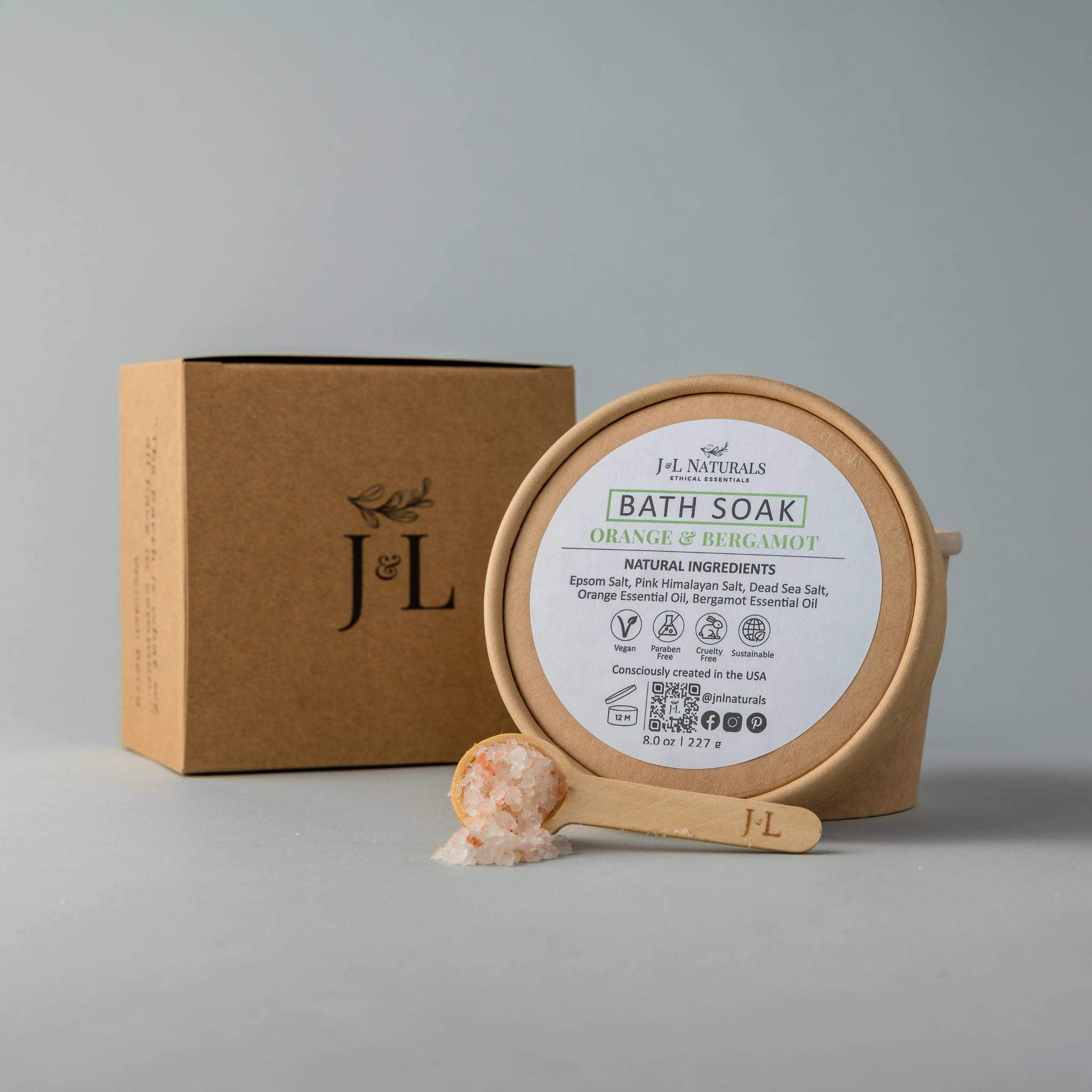 A soothing bath soak with mineral-rich salts and essential oils in a stylish container, perfect for relaxation.